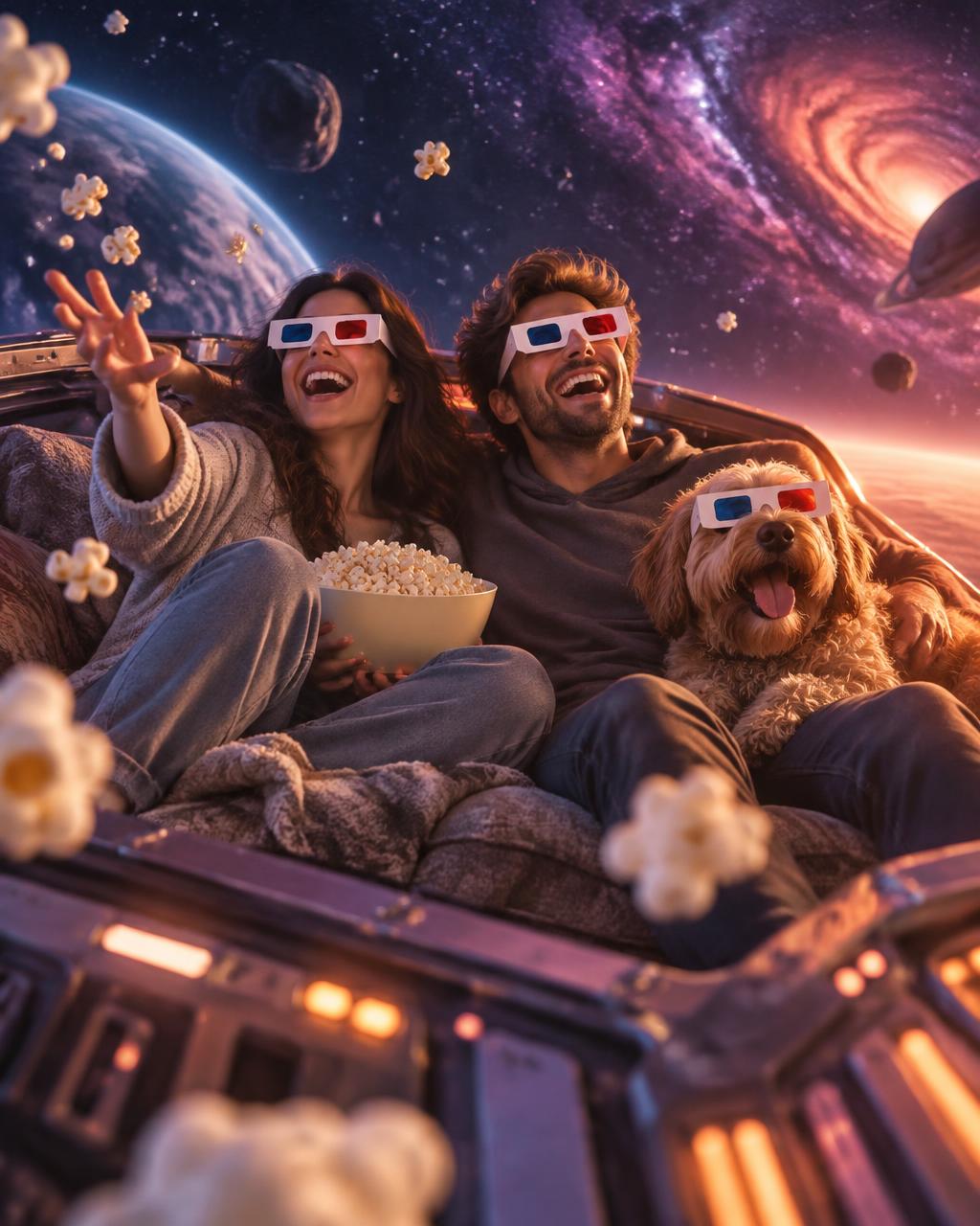 A couple and their dog in 3D cinema glasses on a couch flying through space — AI generated sample art